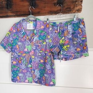 Printfresh Organic Cotton Pajama Set, Purple, Sea Life Pattern, Large, EUC